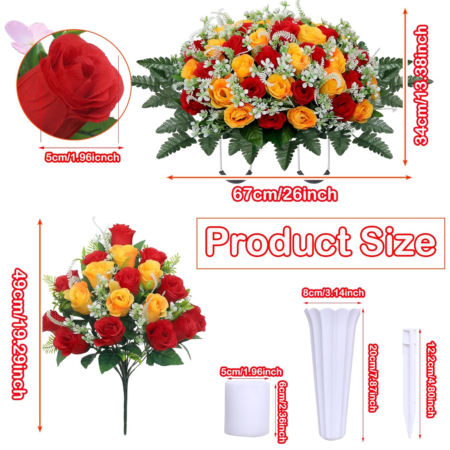 3Pcs Headstone Flowers Saddle For Tombstone,Cemetery Flower Memorial Bouquet With Vase,Rose Headstone Flowers Saddle (Red Yellow)
