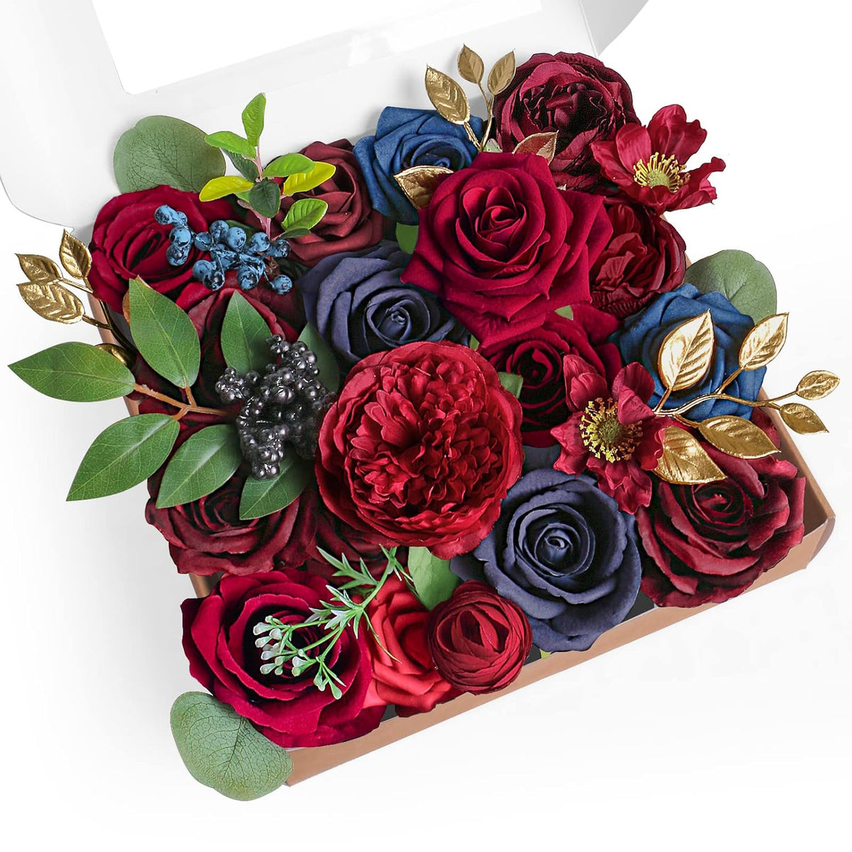 Artificial Flowers Wedding Flowers Combo For Silk Fake Flowers Roses For Diy Wedding Bouquets Burgundy Centerpieces Arrangements Party Bridal Baby Shower Home Decorations (Burgundy & Navy)