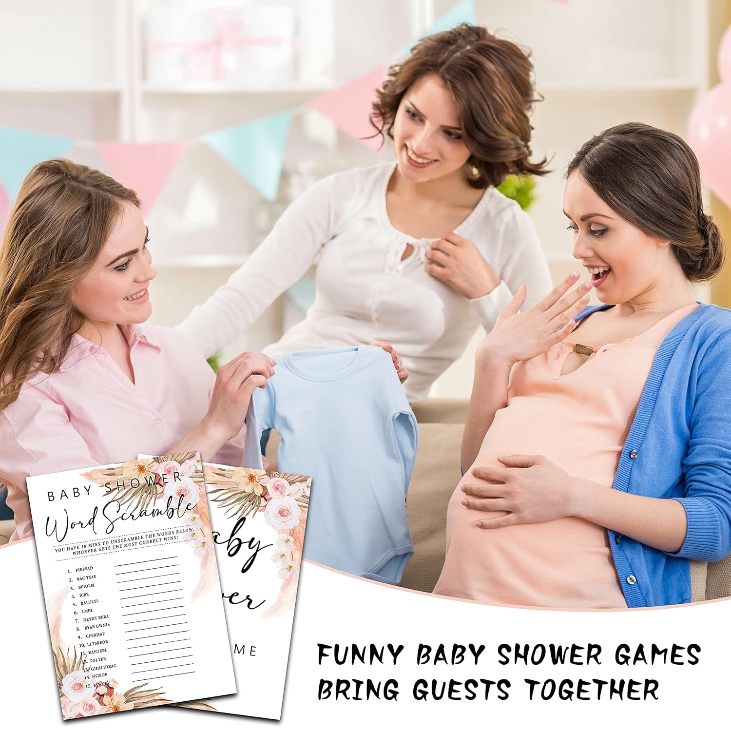 30 Boho Floral Baby Shower Games With 1 Answer Card (5"X7") - Word Scramble Game - Boho Floral Baby Gender Reveal Party Games - Boho Theme Gender Neutral Party Favors And Supplies (H03)