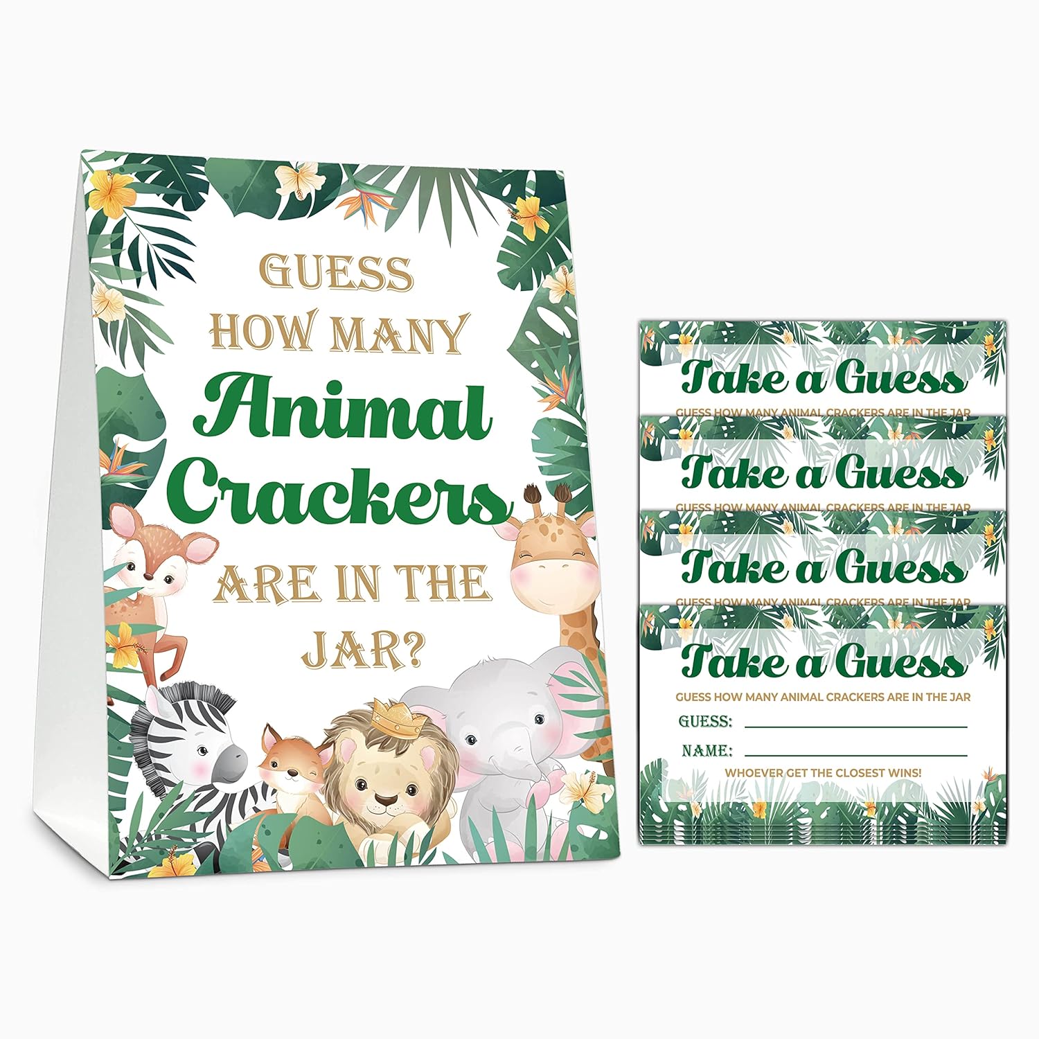 Baby Shower Game Set, Safari Find How Many Animal Crackers For Baby Shower, Jungle Gender Reveal Party Favor(1 Standing Sign + 50 Find Cards), Candy Find Game Tickets Gender Reveal Decor(01)