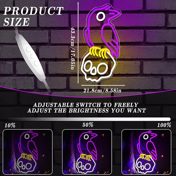 Crow Skull Neon Sign Dimmable LED Horror Wall Light for Man Cave Bar Game Room Decor