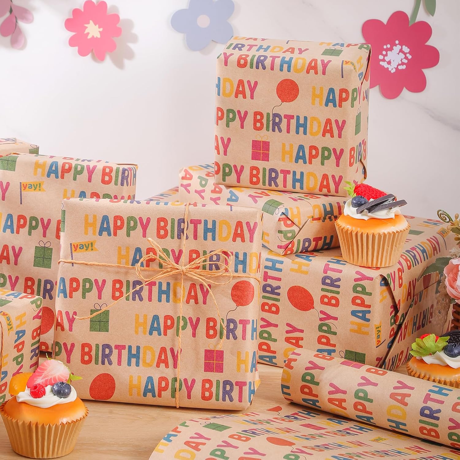 Birthday Wrapping Paper 17 Inch X 33 Feet Kraft Wrapping Paper For Kids Men Women Happy Birthday Pattern Gift Wrap Paper For Baby Shower Party, Holiday