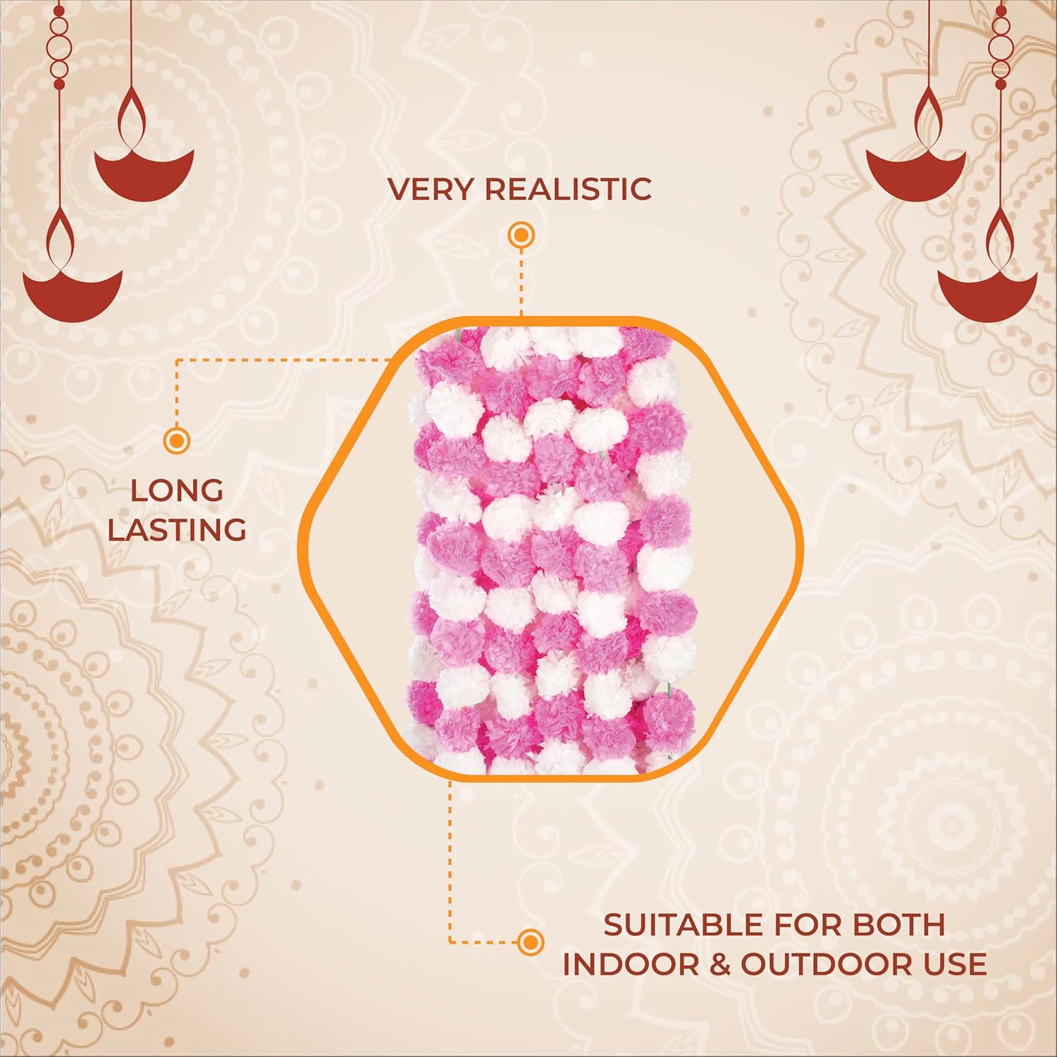 Set Of 5 Artificial Flower Garland Strings For Special Occasions | Home Puja | Home Decor | Diwali Decor | House Warmings | Indian Wedding Celebration (Pink And White)