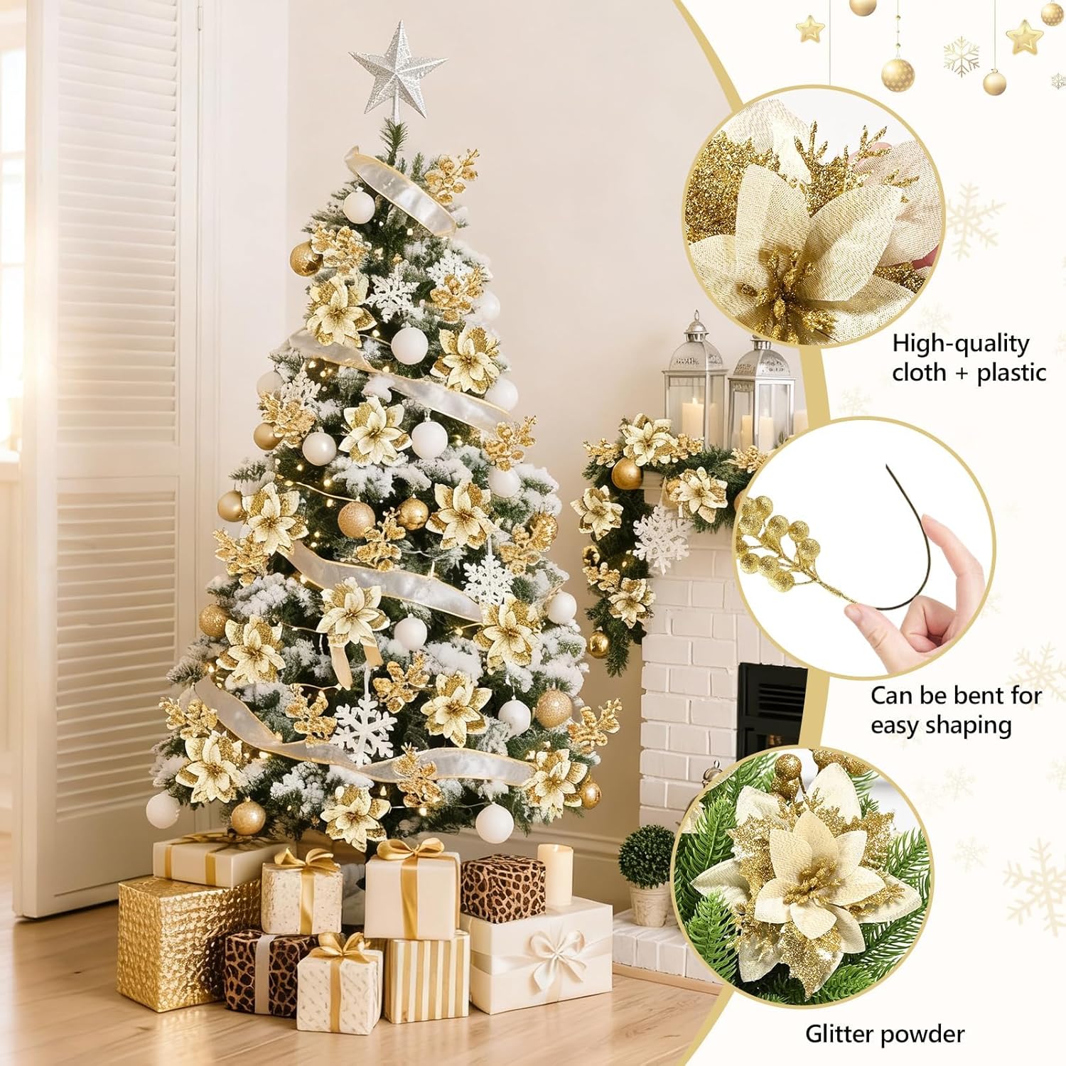 24Pcs Gold Poinsettia Flowers Artificial With Clips And Stems, Glitter Berry Stems For Christmas Tree Picks And Sprays Decorations, Large Xmas Tree Filler Garland Ornaments