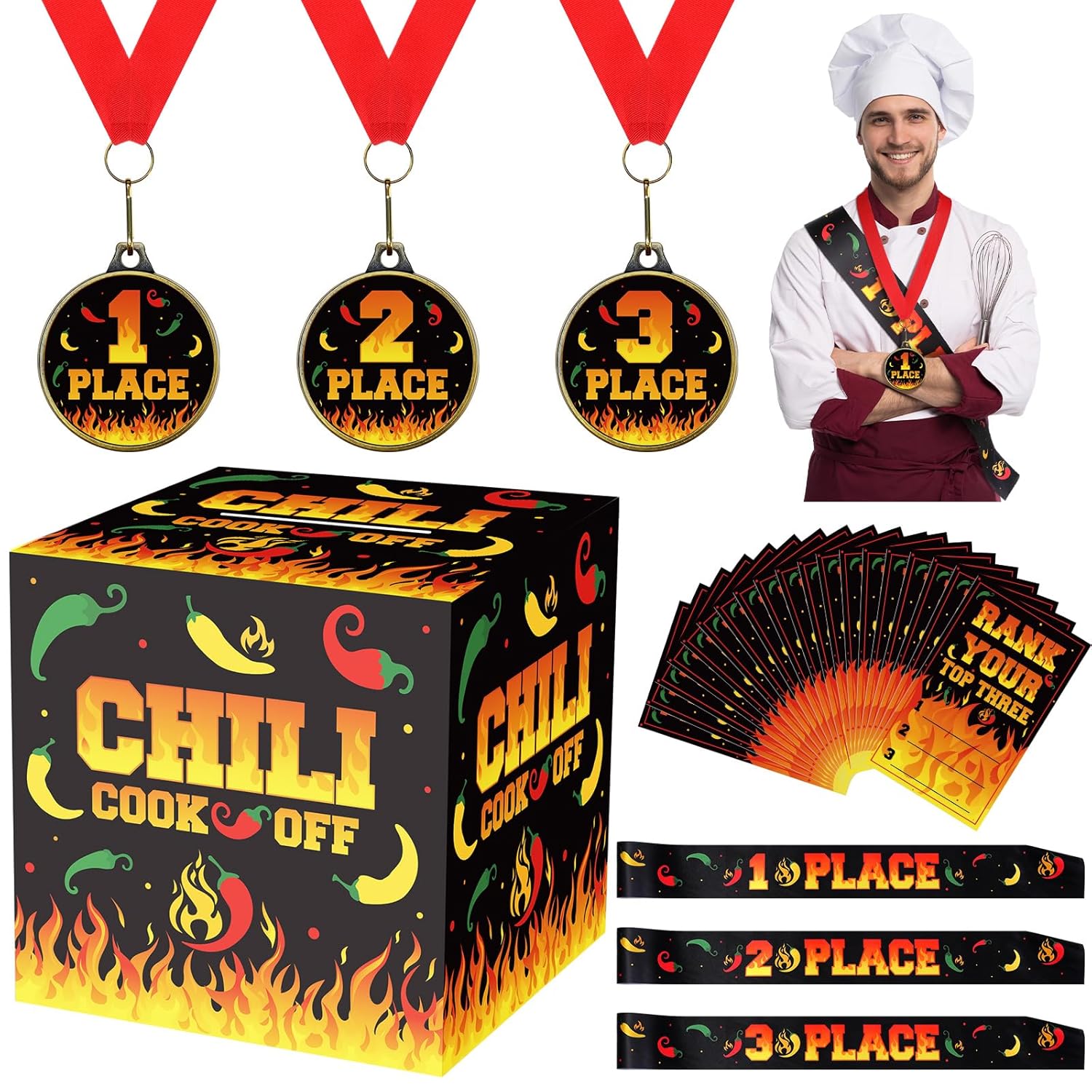 Chili Cook Off Contest Ballot Box With 50 Pcs Pepper Voting Cards 3 Pcs Trophy Medals 3 Pcs Award Sash For Chili Cook Off Game Prizes Award Party Supplies Decorations