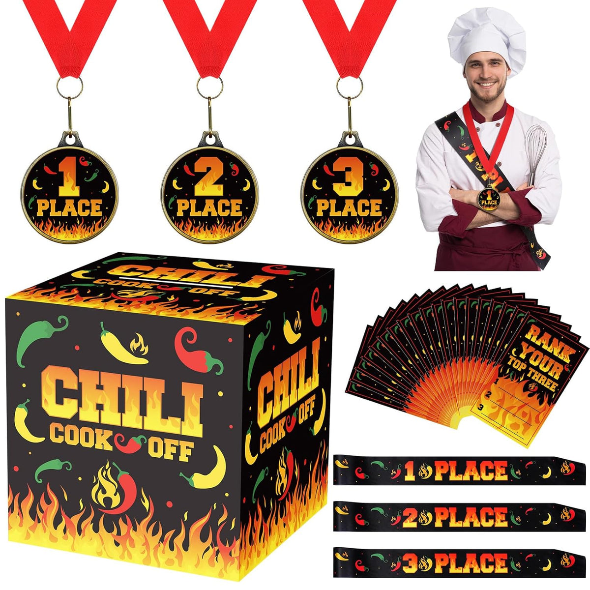 Chili Cook Off Contest Ballot Box With 50 Pcs Pepper Voting Cards 3 Pcs Trophy Medals 3 Pcs Award Sash For Chili Cook Off Game Prizes Award Party Supplies Decorations
