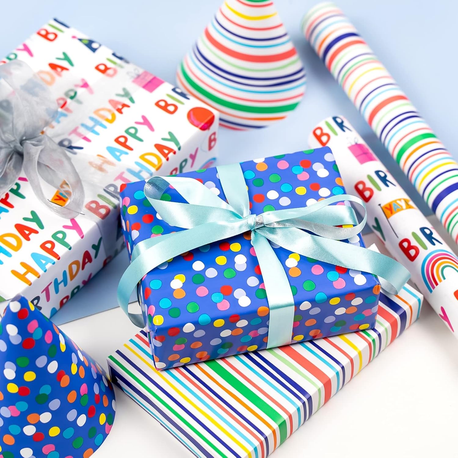 Birthday Wrapping Paper Roll - Mini Roll - 17 Inch X 120 Inch Per Roll - Polka Dots, Stripes Patterns (42.3 Sq.Ft.Ttl)