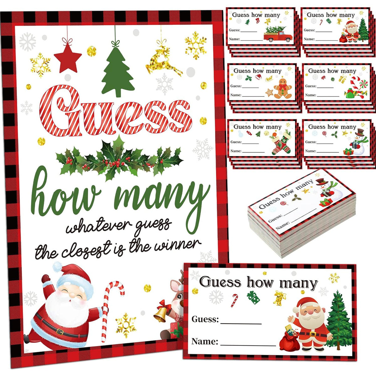 61 Pieces Christmas Guess How Many Cards Game Christmas Guessing Game, 60 Guess How Many Cards And 1 Sign For Adults Kids Families Baby Shower Holiday Activity Decorations