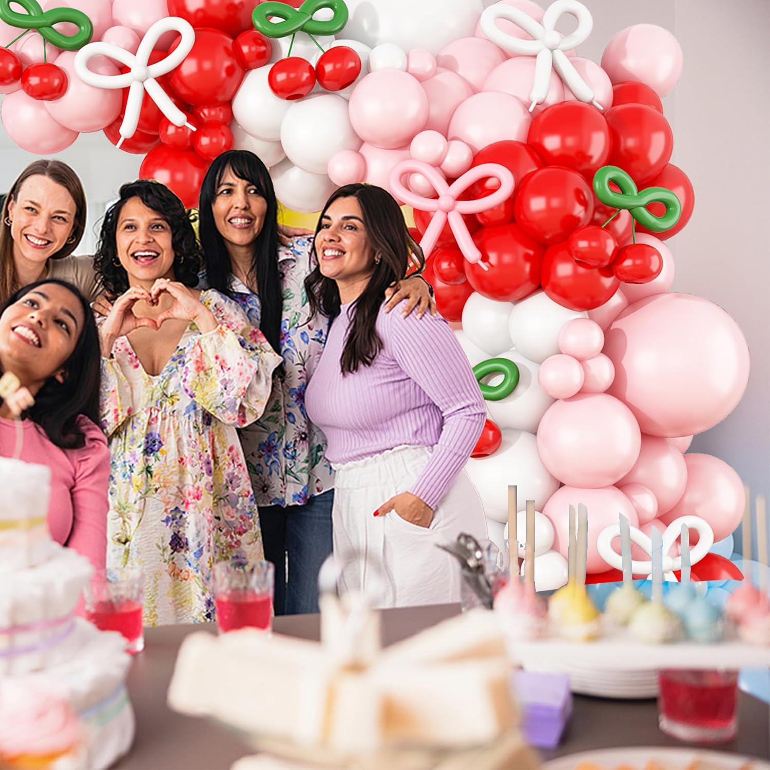 Cherry Balloon Garland Arch Kit,177Pcs Red Pink White Balloons With Diy Coquette Bow Light Pink Red White Balloons For Girls Birthday Baby Shower Wedding Bridal Shower Party Decorations