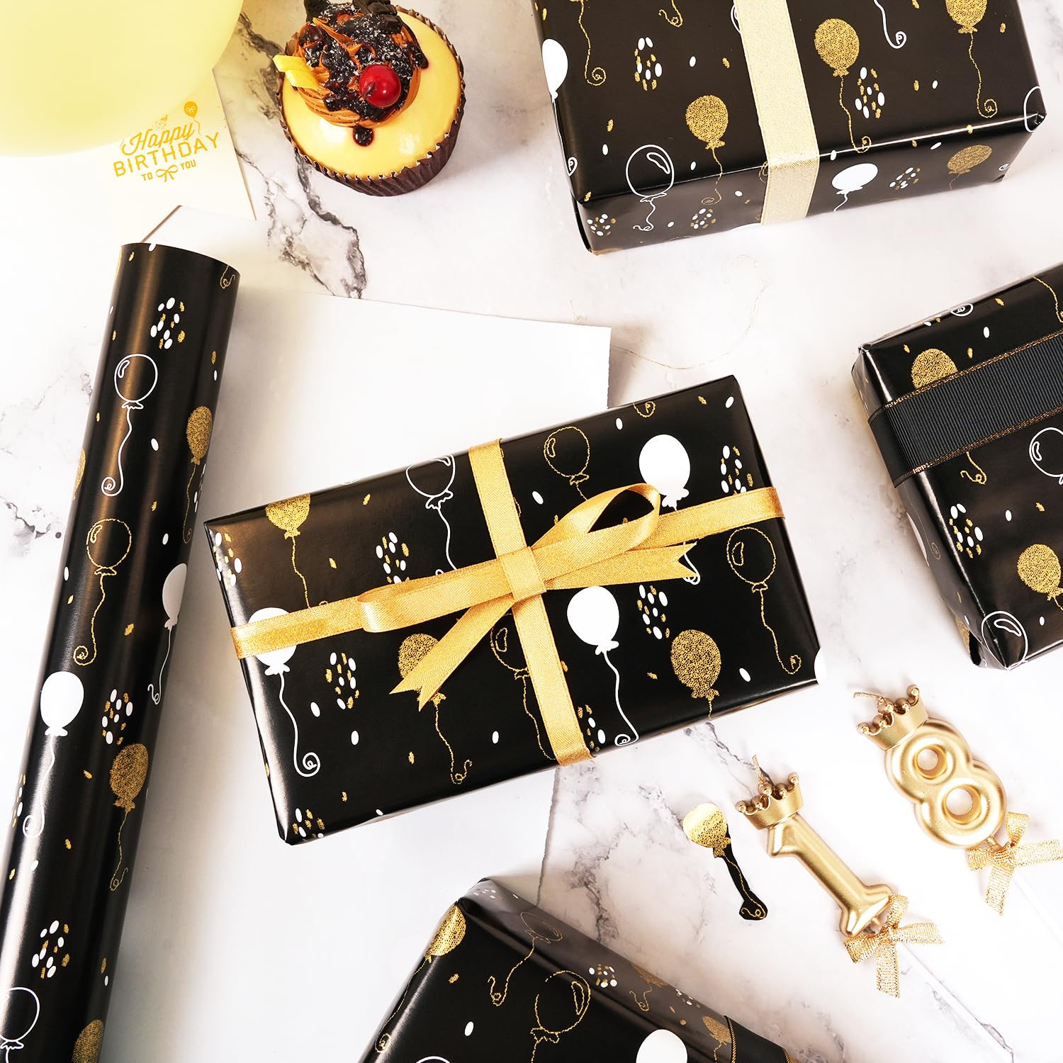 Birthday Wrapping Paper Roll - Matte Black And Gold Foil Gift Wrapping Paper For Women Men Boys Girls, Gold Foil Balloon Design Gift Wrap For Birthday Father’S Day Graduation, 17 Inch X 33 Feet