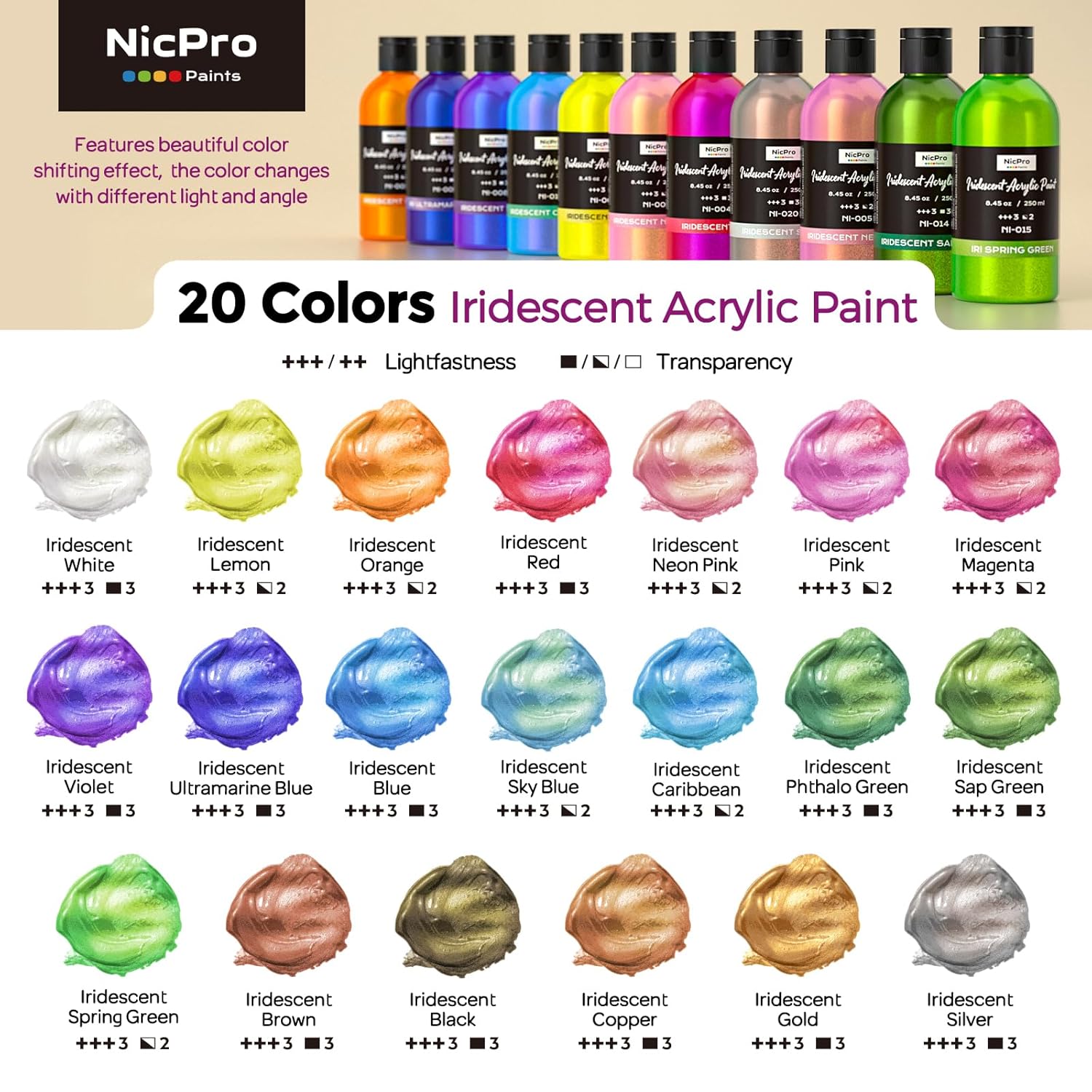 20 Colors Iridescent Acrylic Paint, 8.45Oz / 250Ml Large Bulk Metallic Acrylic Paint,Color Shifting & Non-Toxic Art Painting Supplies For Canvas Fabric Rock Wood With Paint Knife Color Wheel