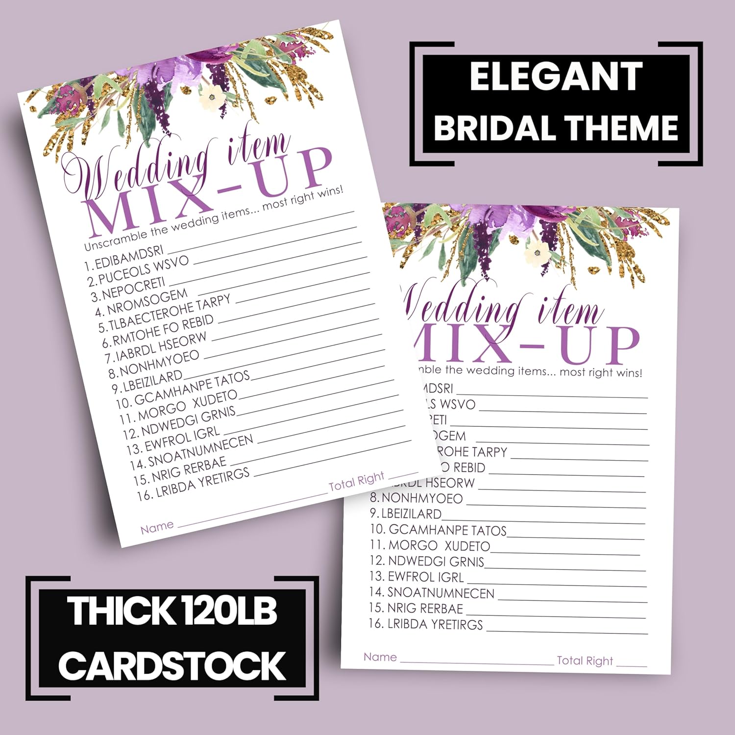 Purple Floral Bridal Shower Games - 25 Wedding Word Scramble Cards - Fun Guessing Activity For Engagement Parties And Rehearsal Dinners - Rustic Theme