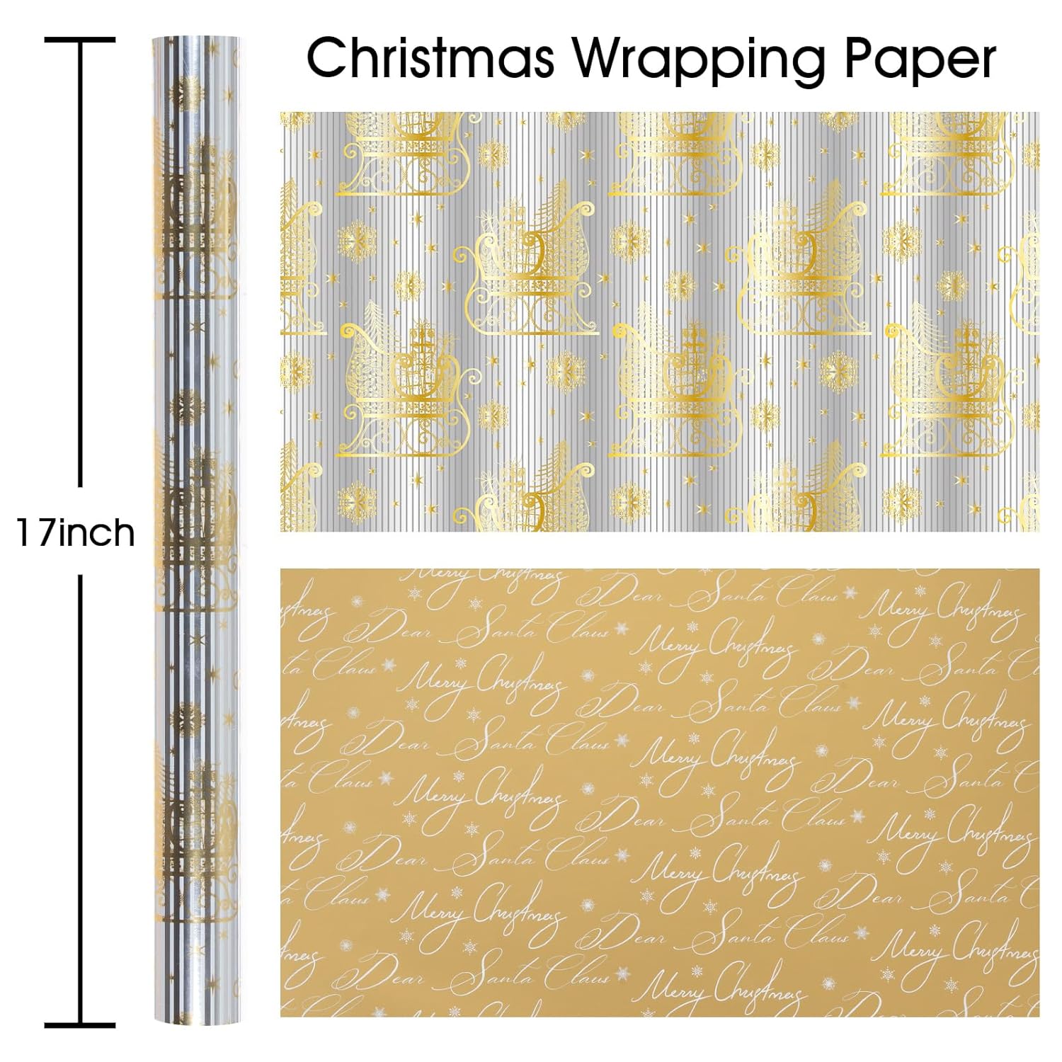 Christmas Wrapping Paper, Reversible Silver Gold Leaf Sled Design Gift Wrapping Paper Suitable For Christmas, Mini Roll (17 Inch X 32.8 Feet)