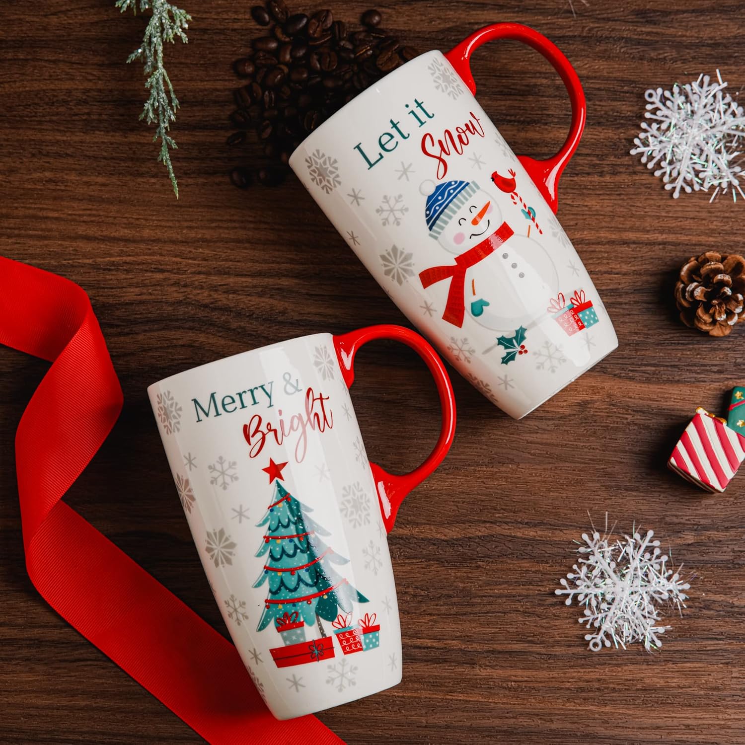 Christmas Ceramic Coffee Mug Tall Ceramic Cup With Lid And Matching Color Box Latte Mug.17 Oz. Christmas Tree And Snowman,Set Of 2