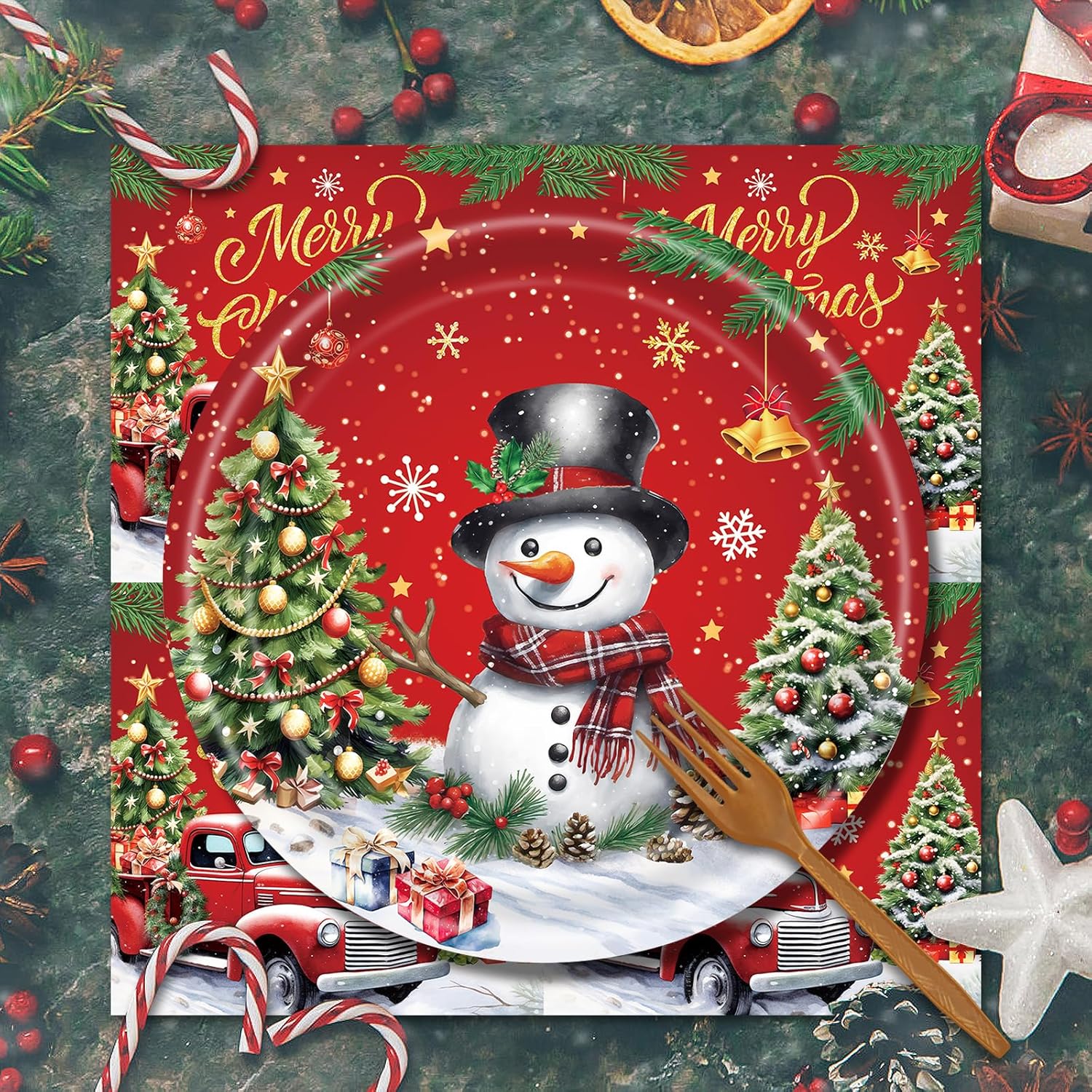 96 Pieces Merry Christmas Tableware Set – Red Truck And Snowman Themed Disposable Party Supplies With Paper Plates, Napkins, And Forks For Holiday Dinners, Christmas Parties, And Winter Events – Serve