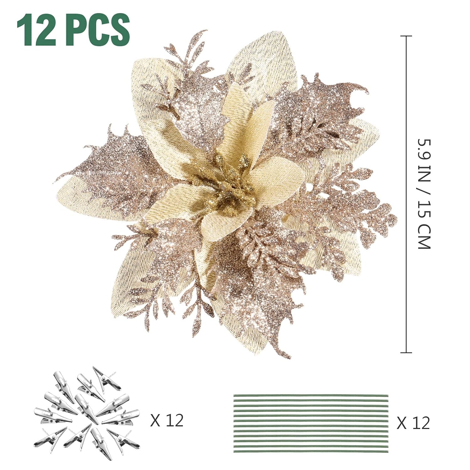 Christmas Glitter Artificial Poinsettia Flowers: 12Pcs Christmas Tree Flowers Ornaments- Xmas Party Decoration With 12Pcs Stems And Clips (Light Gold)