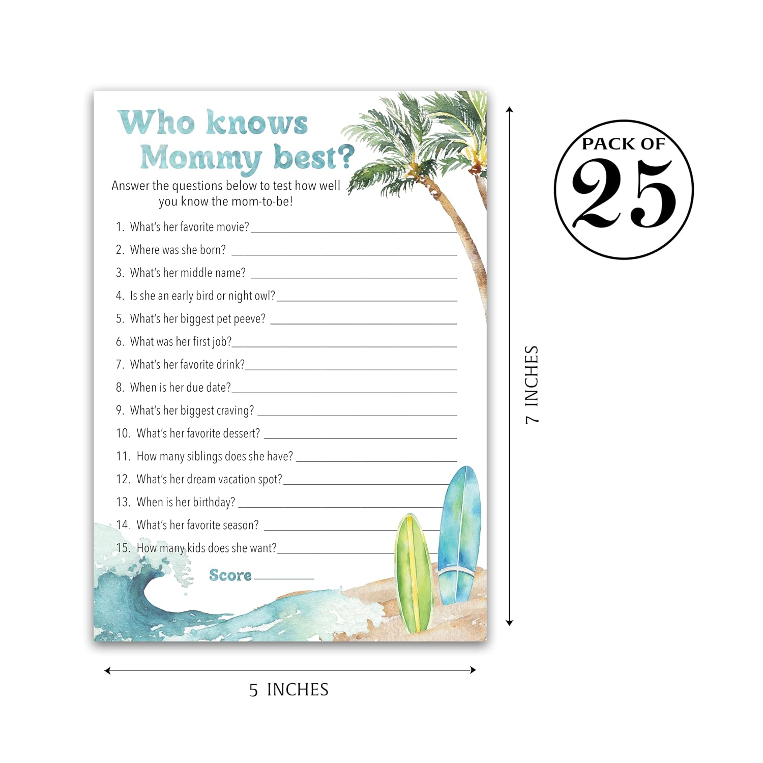 Beach Surf Theme Baby Shower Games, Who Knows Mommy Best — Pack Of 25 — Summer Blue Ocean Surfing, Fun Mom To-Be Baby Shower Activity, Gender Neutral Couples Shower Co-Ed Shower Game G940-Wkm