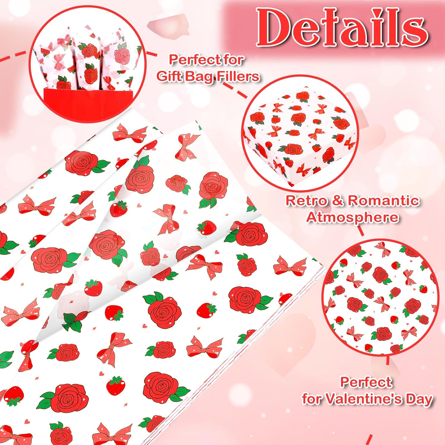 100 Sheet Red Rose Bow Strawberry Tissue Paper, 20X14In Red Rose Bow Strawberry Gift Wrapping Paper Art Craft Tissue For Valentine'S Day Birthday Wedding Party Supplies (A)