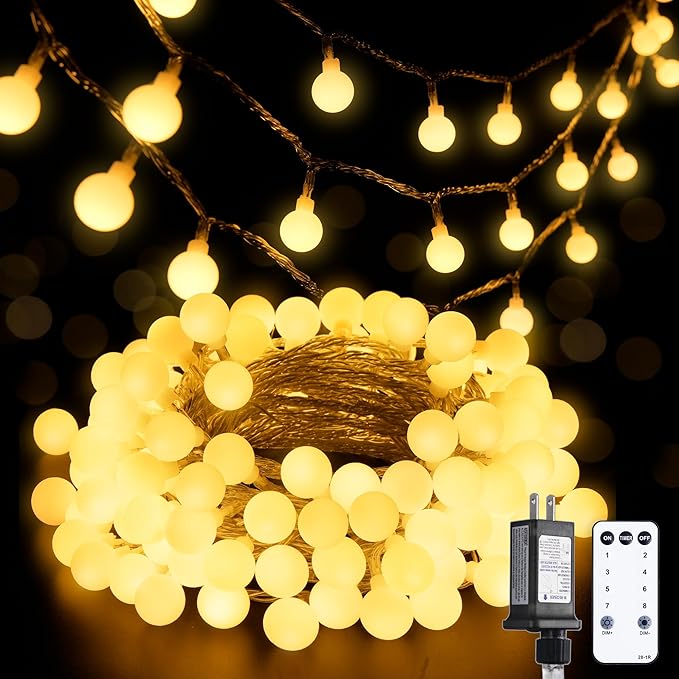 33FT Connectable Globe String Lights 100 LED Warm White Plug In Fairy Lights with Remote 8 Modes for Bedroom Party Decor
