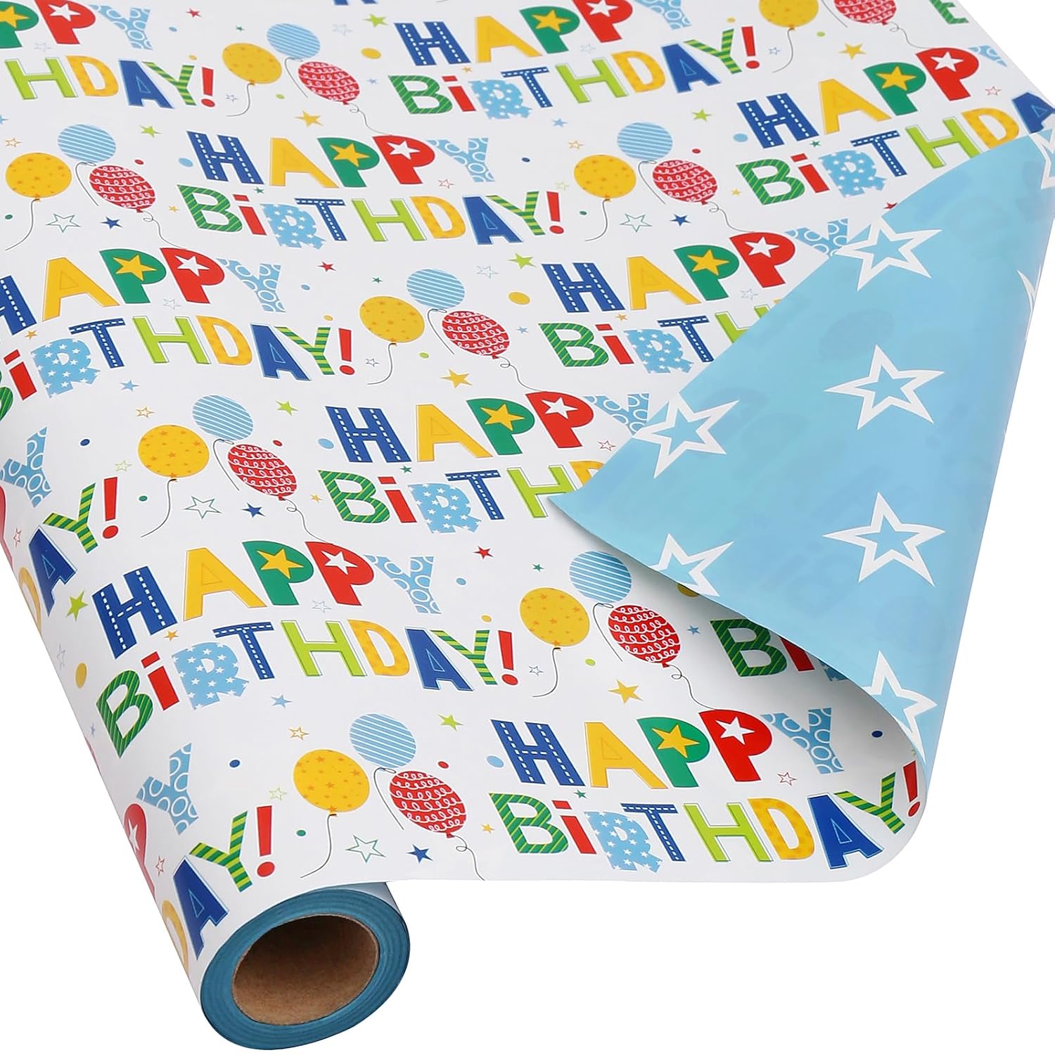 Reversible Birthday Wrapping Paper Roll For Boys Girls Kids Men Women - Colorful Happy Birthday Lettering Balloon And Stars - Gift Wrap For Party Celebration Holiday, 17.7 Inch X 33 Feet
