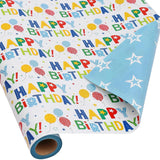 Reversible Birthday Wrapping Paper Roll For Boys Girls Kids Men Women - Colorful Happy Birthday Lettering Balloon And Stars - Gift Wrap For Party Celebration Holiday, 17.7 Inch X 33 Feet