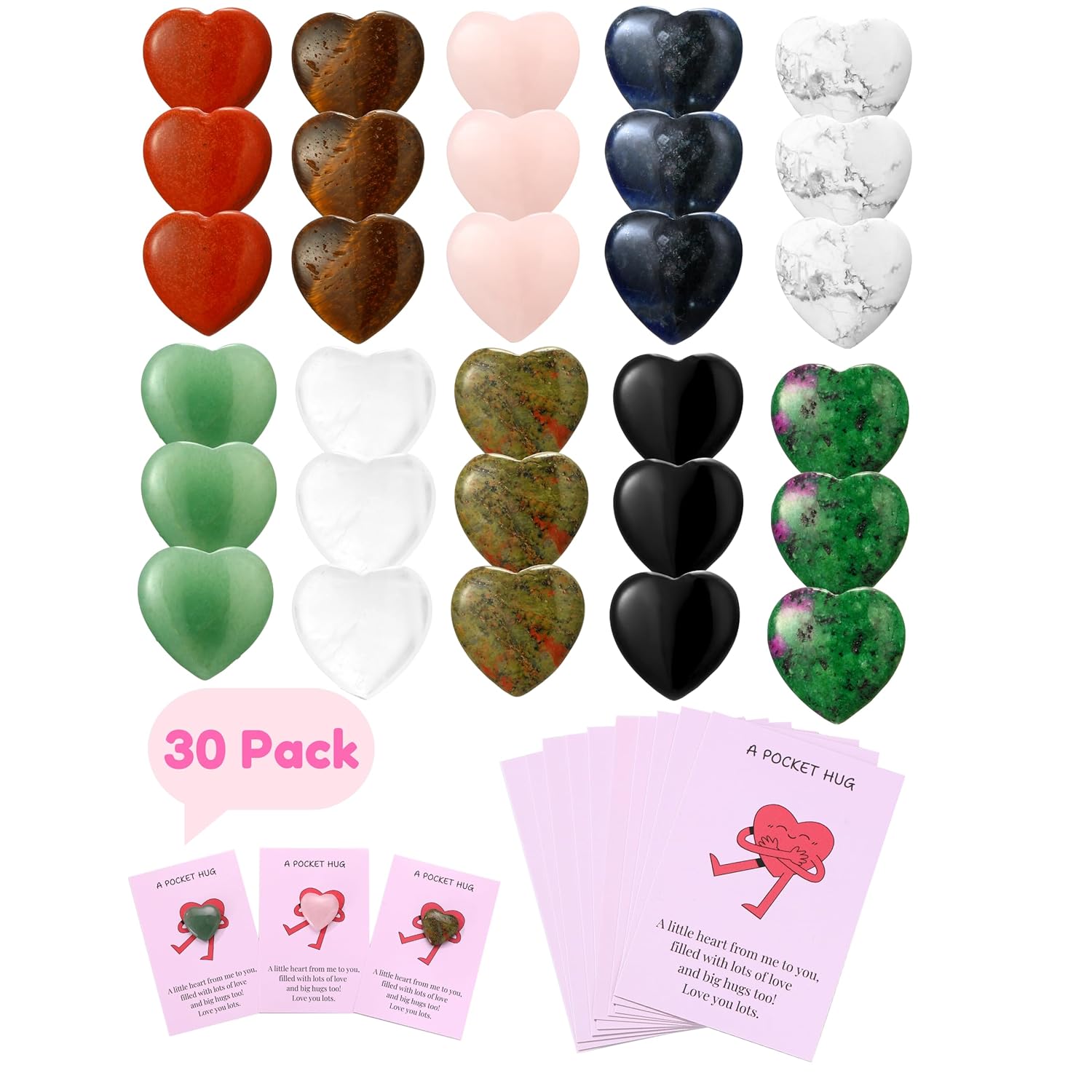 Pocket Hug Bulk Heart Stones - 30 Sets Natural Healing Gemstones With Greeting Cards - Bulk Valentines Day Gifts For Adults, Ladies, College Students, Friends - Thinking Of You Anxiety Relief Keepsake