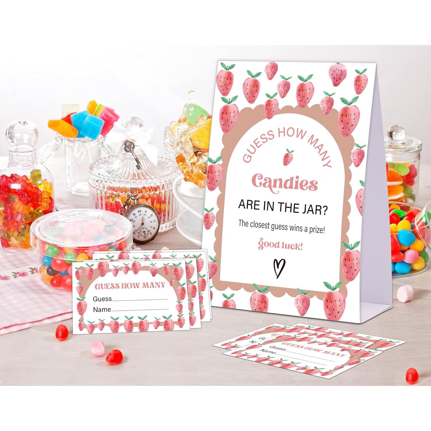 Strawberry Baby Shower Game, Guess How Many Candies Are In The Jar, Pack Of 1 Sign And 50 Guessing Cards, Baby Shower Decoration, Gender Neutral - 11