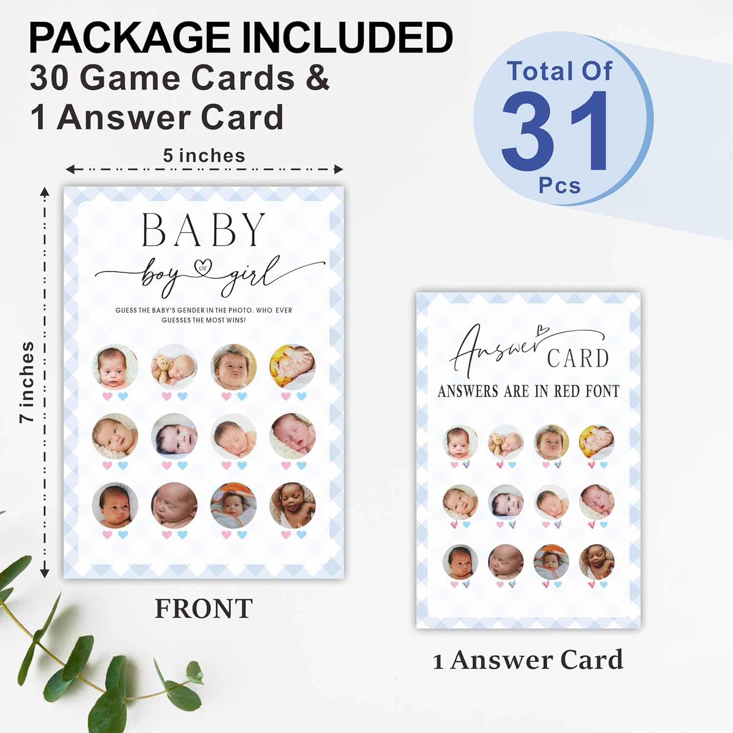 Boy Or Girls Photo Guess Baby Shower Game Cards, Fun Games For Boy Or Girl, Gender Neutral Modern Minimal Design, Party Activities, 30 Game Cards + 1 Answer Card 5X7 Inches (Blue) - A08
