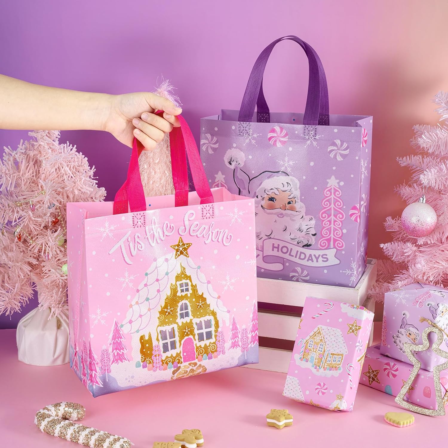 12 Pack Christmas Reusable Gift Bag With Handles - Medium Size 10.5 X 5 X 10.5 Inch - Pastel Pink Purple Gingerbread House And Santa Design, Perfect For Christmas, Party Favor, Shopping
