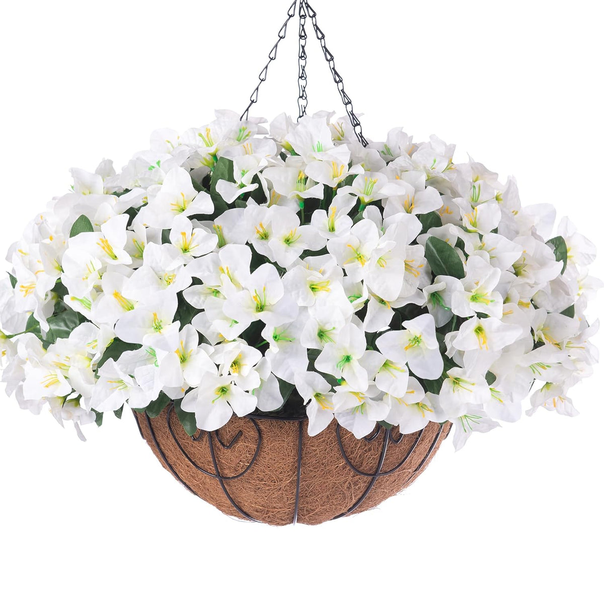 Artificial Hanging Flowers Faux Plants Basket For Outdoors Spring Summer Decor, Fake Silk Bougainvillea In Planter Outdoor Look Real Uv Resistant Faux Flower For Outside Porch Patio Garden Home, White