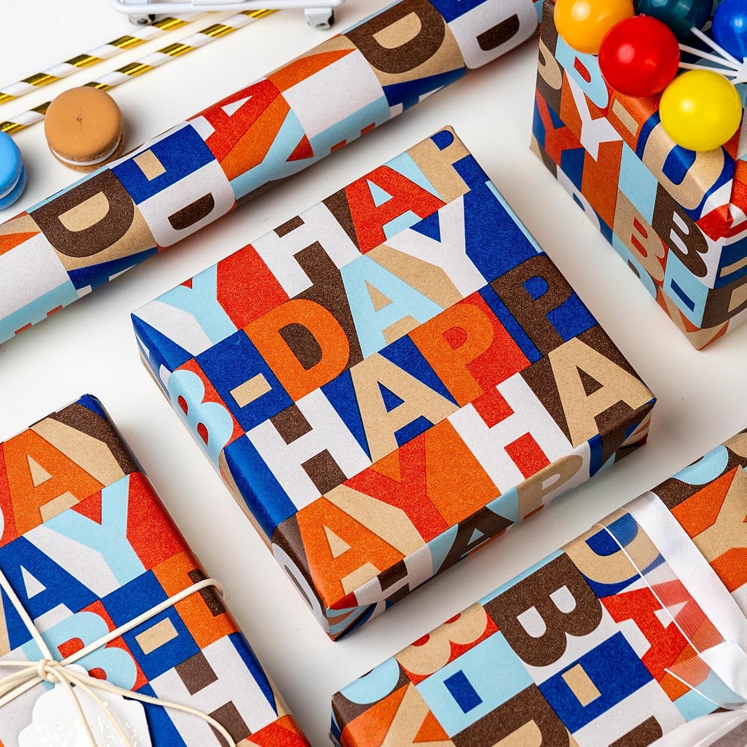 Happy Birthday Wrapping Paper Roll, Colorful Kraft Birthday Gift Wrap For Men Boys Girls Women 17 In X 16.5 Ft