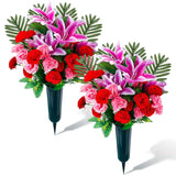 Set Of 2 Father'S Day Cemetery Flowers With Grave Vase Memorial Artificial Flower Bouquet Carnation Lily Flower Arrangement For Dad Headstones Graveyard Tombstone Decor(Purple Lily)