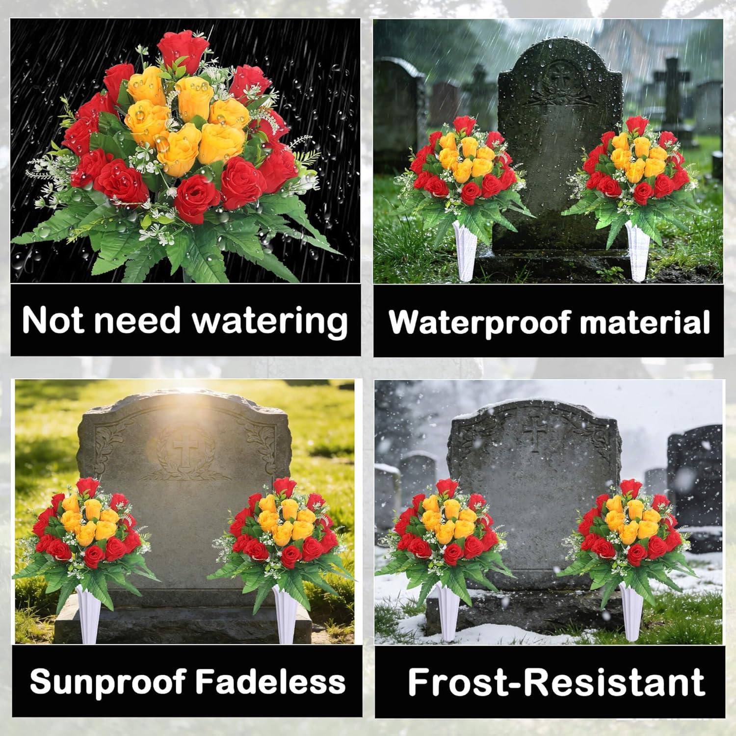 Set Of 2 Artificial Cemetery Flower, Outdoor Grave Decorations Roses,Cemetery Memorial Flowers With Vase For Gravesite Outdoor Headstone Tombstone Decorations (Red Yellow)