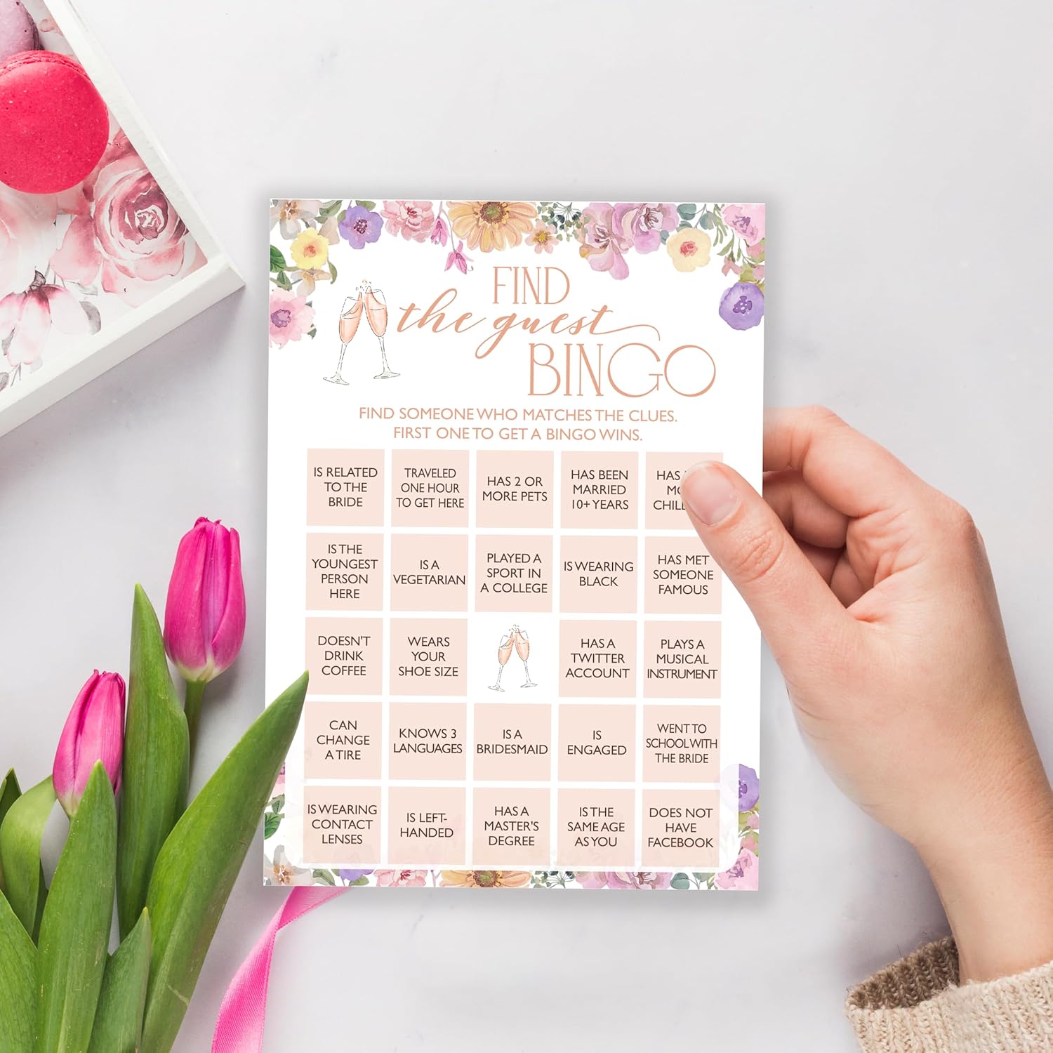 Wildflowers Wedding Games - Find The Guest Bingo For 25 Guests - 5X7 Inches, 25 Count - Adults Only