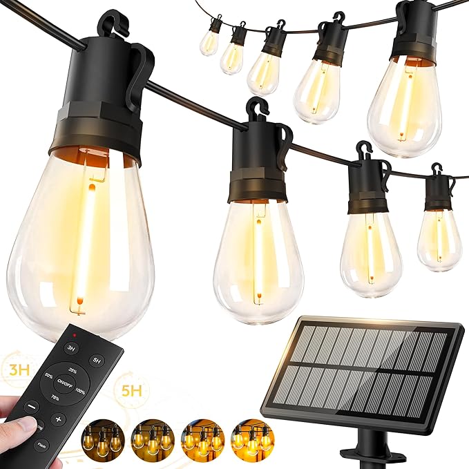 50FT Solar Powered Outdoor String Lights Waterproof LED Fairy Lights with Edison S14 Bulbs
