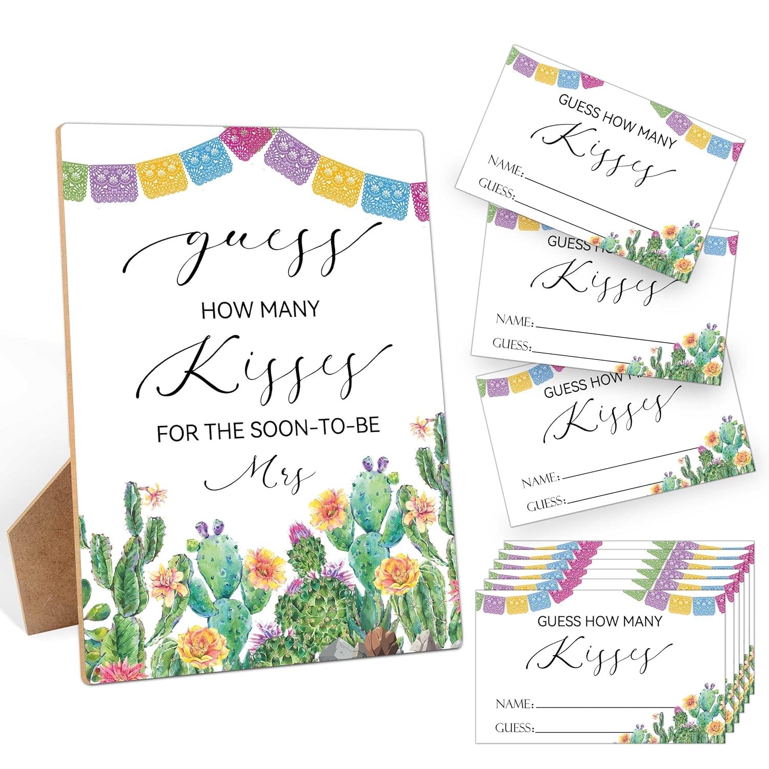 How Many Kisses Bridal Shower Games, Guess How Many Kisses For The Soon To Be Mrs, 1 Wooden Sign With 50 Cards, Mexican Fiesta Guessing Game For Wedding, Bachelorette Party, Engagement Decoration