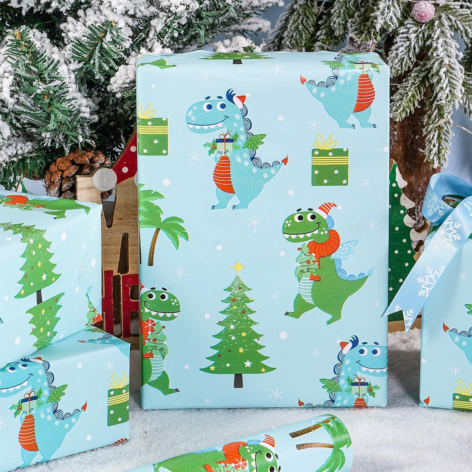 Christmas Dino Wrapping Paper Roll For Kids Boys, Cute Cartoon Dinosaur Gift Wrap With Presents Trees For Christmas Holiday, Party Decor, Mini Roll 17 In X 16.4 Feet