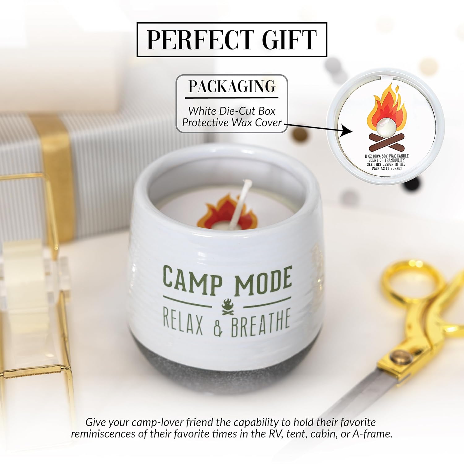 Pavilion Gift Company - Camp Mode - 11oz Wax Reveal Secret Surprise Message Single-Wick Jasmine Scented Candle Outdoorsy Adventurous Camper Lover Friend Gift RV Cabin Tent Camping Housewarming Present