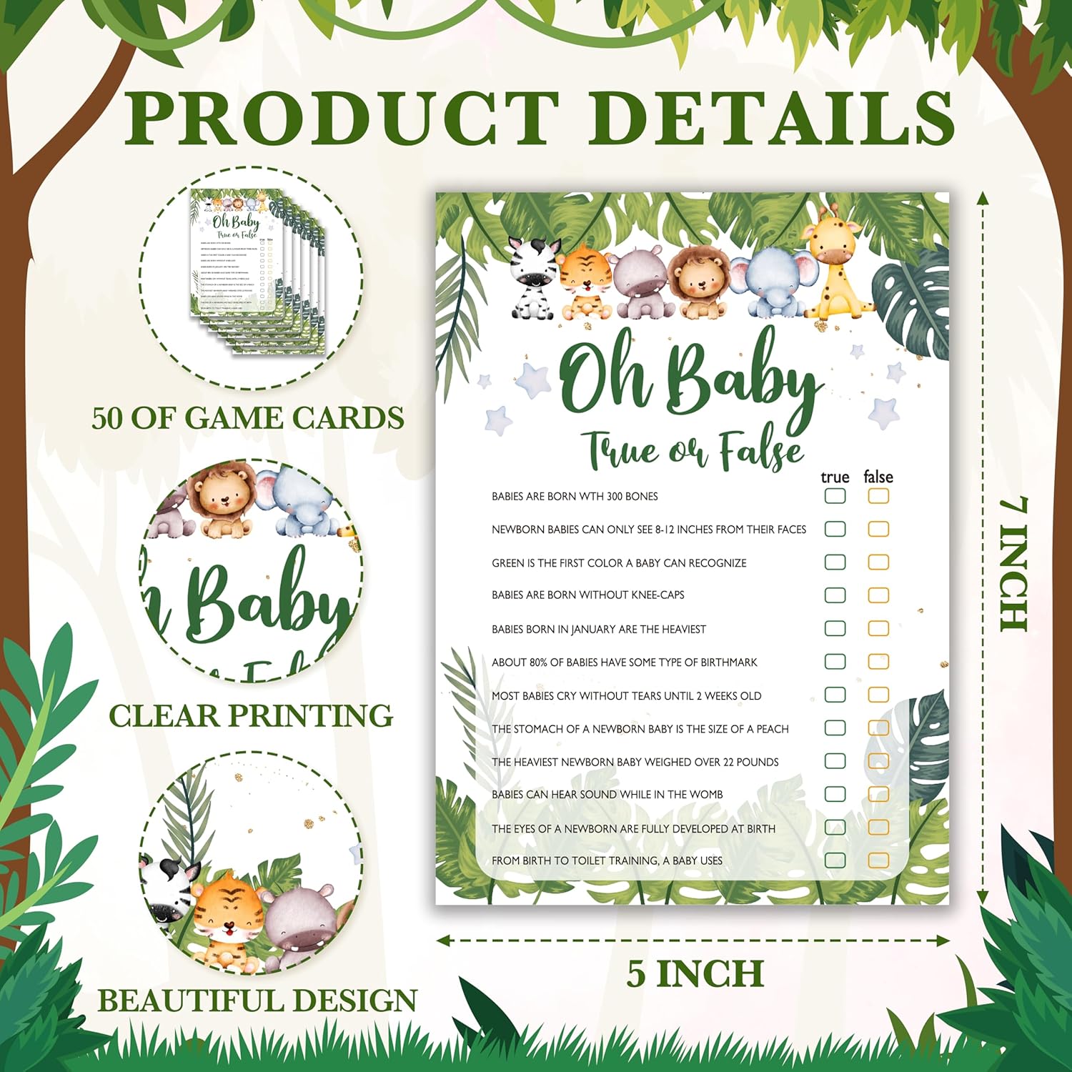 Safari Animals Baby Shower Games Card Set, Includes Babyshower Feud, True Or False, Baby Predictions And Advice, Find Who Mom Or Dad, Babies Shower Gender Reveal Decoration Favors, Set Of 50 -02
