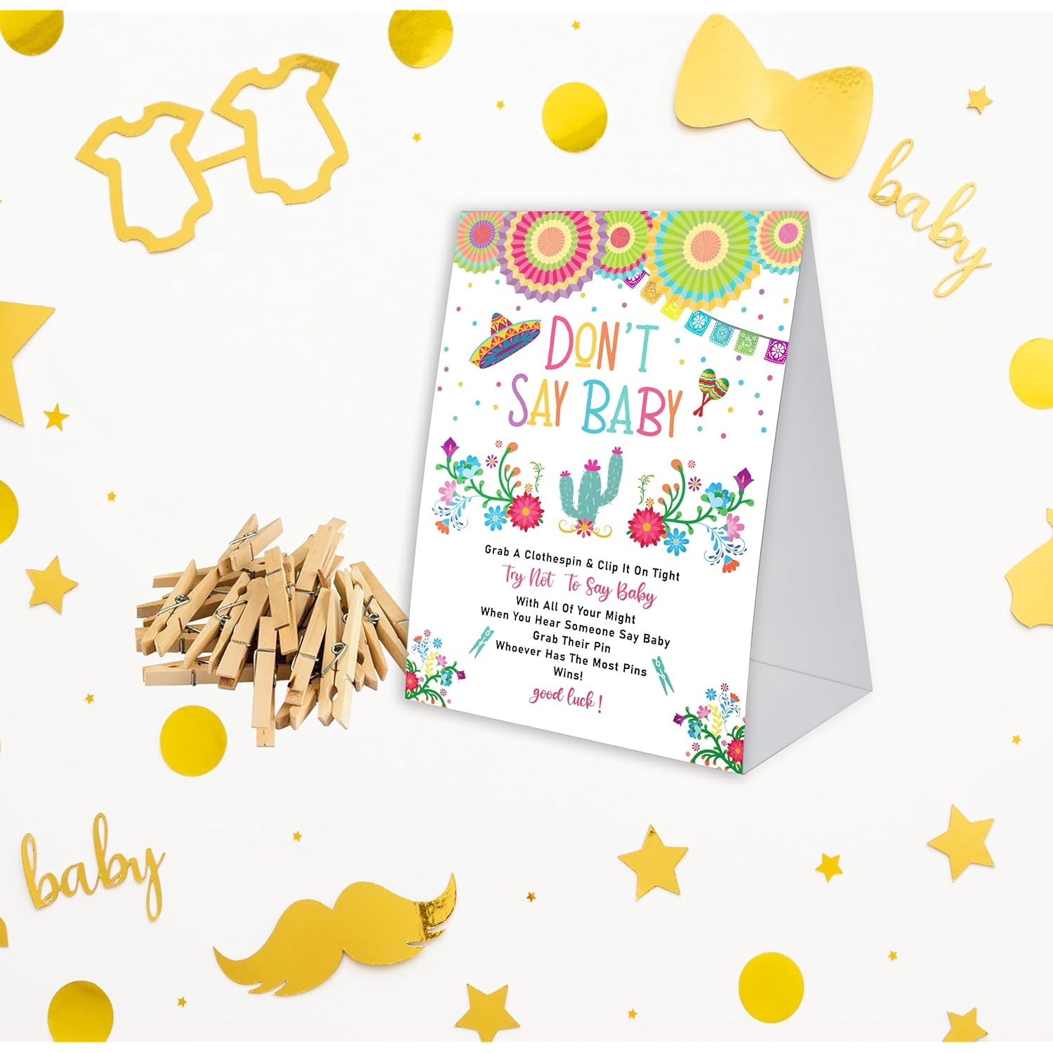 Don'T Say Baby Game For Baby Shower, 50 Wooden Clothespins And One Sign, Fiesta Taco Theme, Pins For Baby Shower Decorations, Gender Reveal Games, Baby Shower Supplies-Bb15