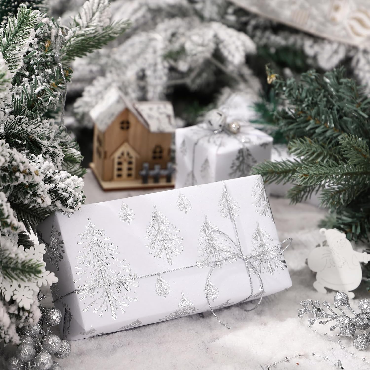 3D Kraft Christmas Wrapping Paper Roll - Mini Roll - 17 Inch X 16.5 Feet - Silver And White Christmas Tree Wrapping Paper With Embossed Perfect For Holiday, Party Celebration