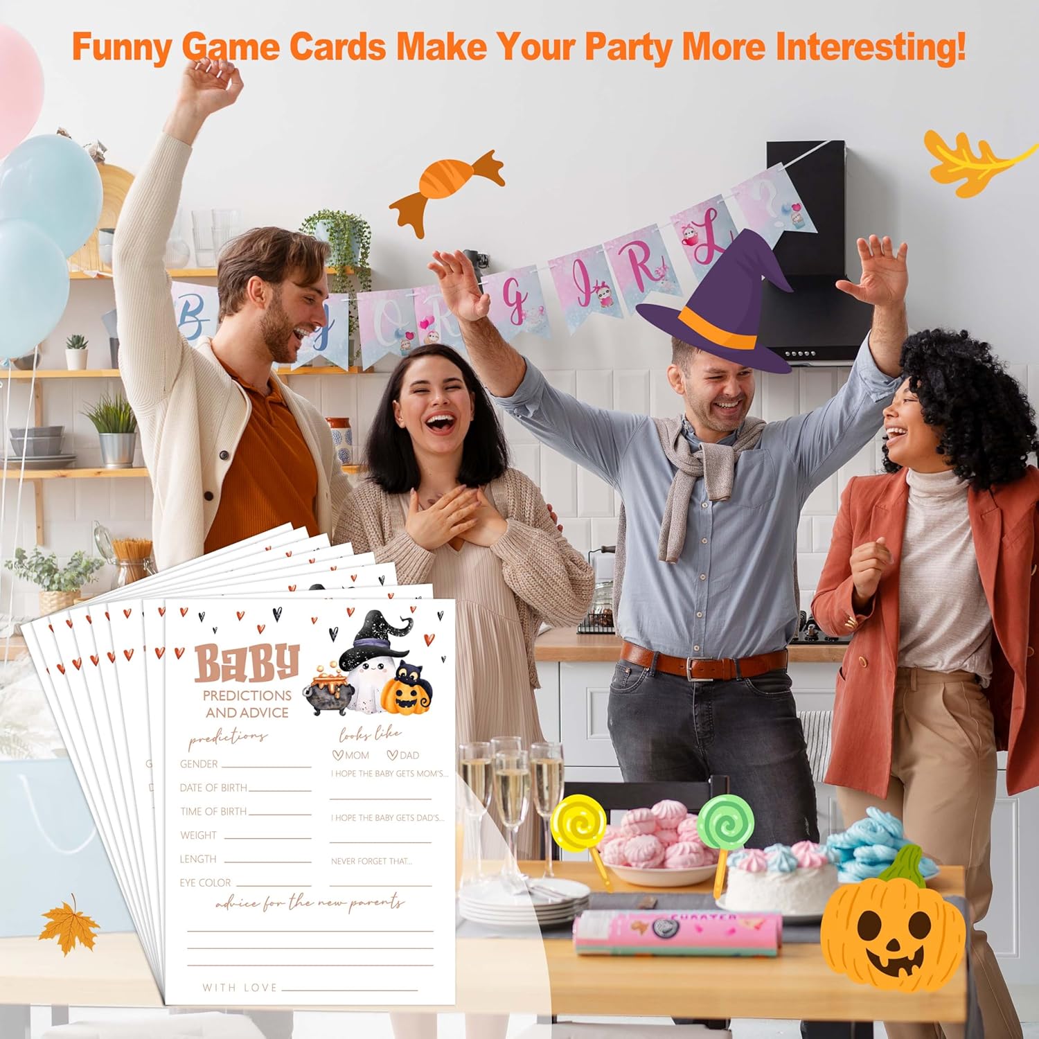 Baby Shower Games, Halloween Baby Predictions And Advice Cards, 25 Double-Sided Game Cards For Gender Reveal Party Decorations Supplies Announcement - B02