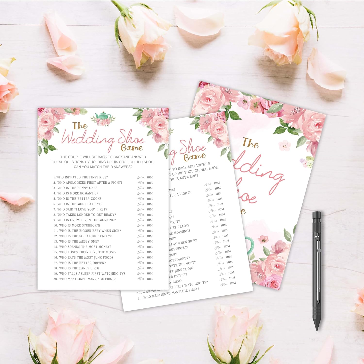 Bridal Shower Games, Blush Pink Floral Wedding Party Games, The Wedding Shoe Game - Bachelorette Party Games, Engagement Party Game Ideas, Tea Party Decor Supplies Favors, (25 Cards) -03
