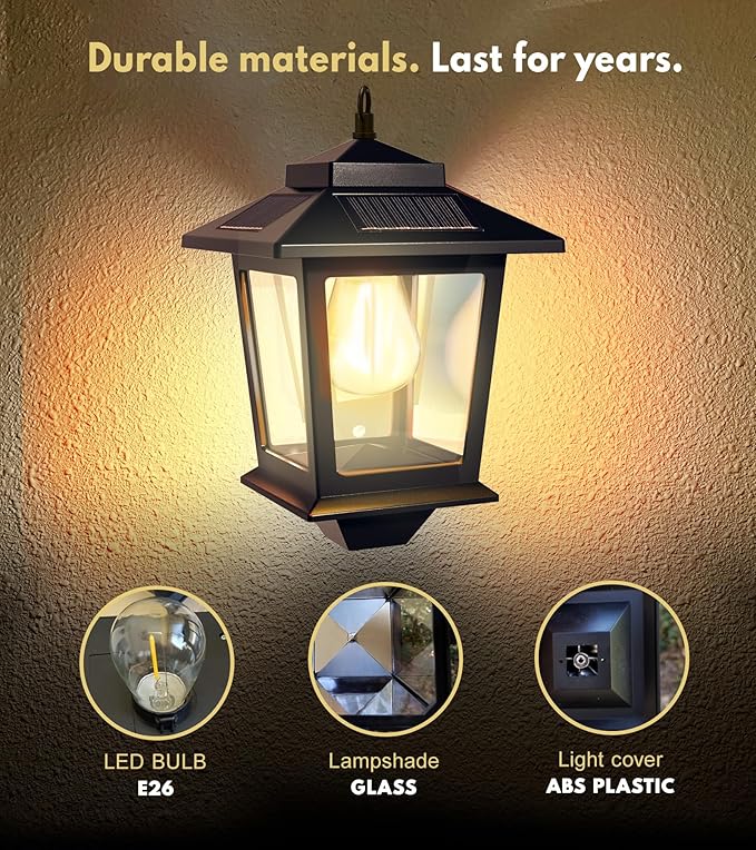 2 Pack Solar Wall Lanterns Outdoor Hanging Lights with 4 Solar Panels Dusk to Dawn