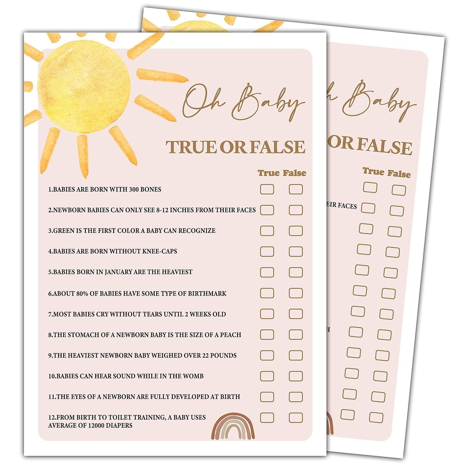 Boho Sunshine 30 Oh Baby True Or False Game Cards With 1 Answer Card, Gender Reveal Party Supplies Favors (5"X7") - D03