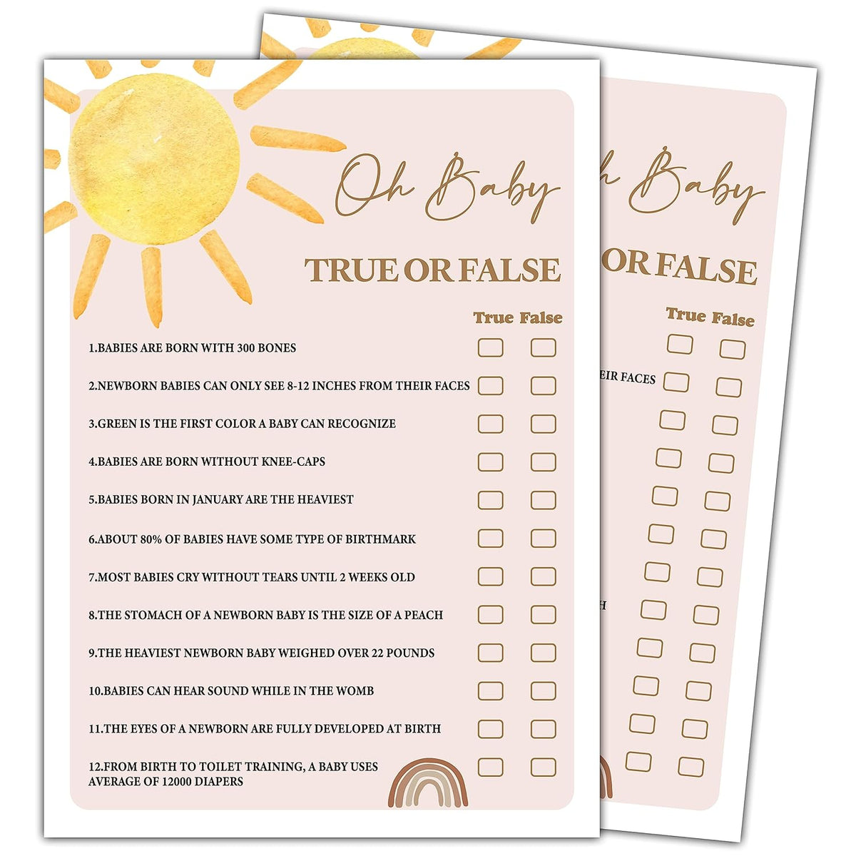 Boho Sunshine 30 Oh Baby True Or False Game Cards With 1 Answer Card, Gender Reveal Party Supplies Favors (5"X7") - D03