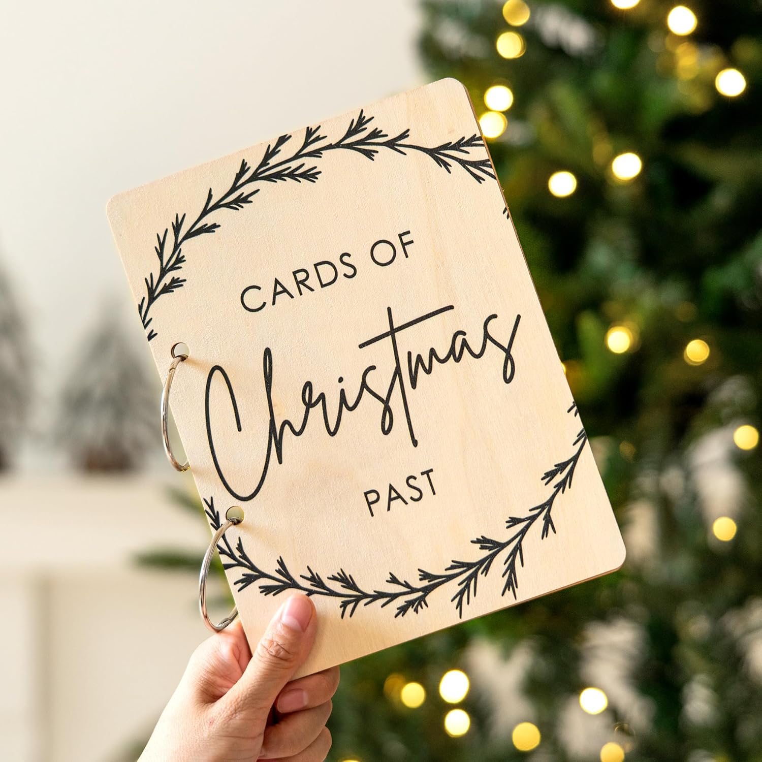 Christmas Greeting Card Holder, Wooden Keepsake Album, Holiday Card Organizer, Festive Photo Keeper & Memory Collection For Christmas, Birthday Cards (Elegant Wreath)