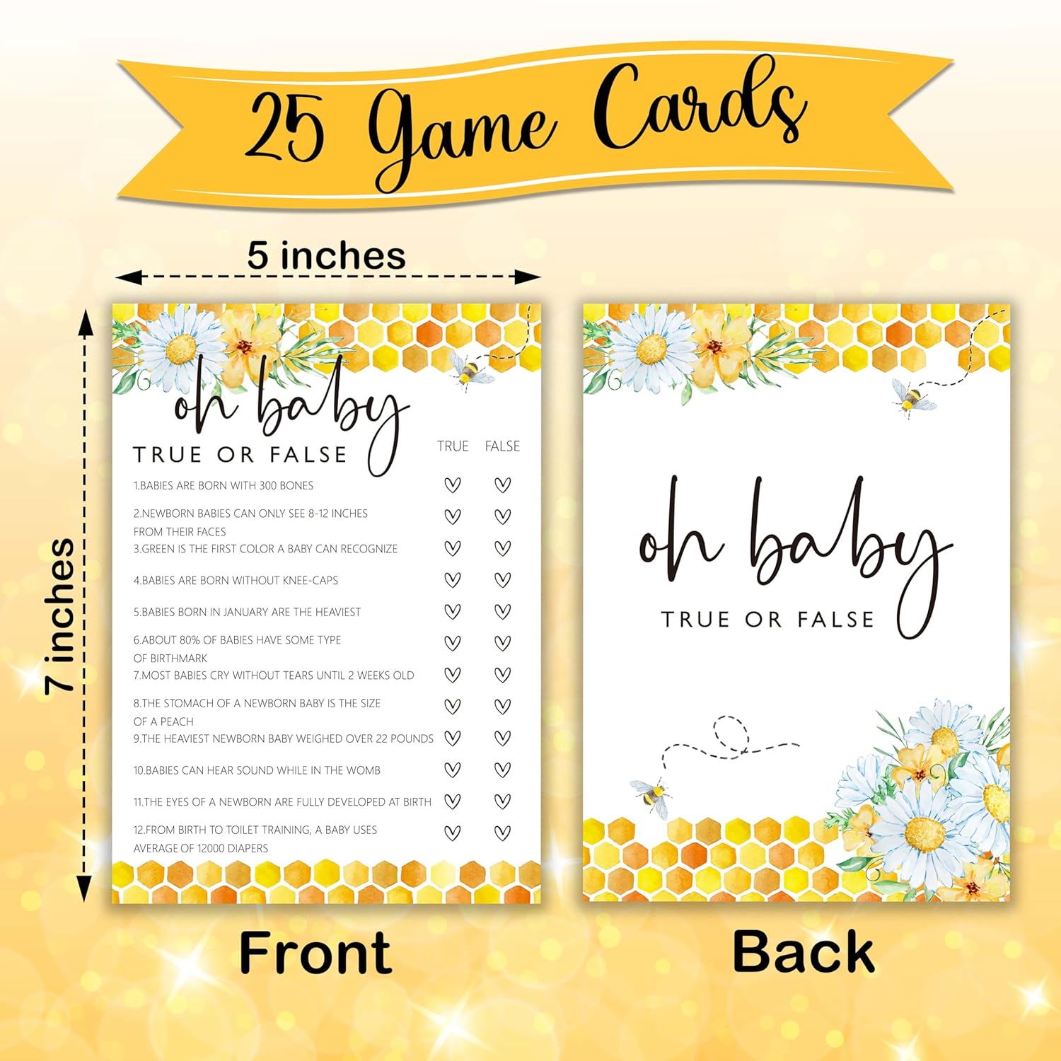 Bee Baby Shower Games, Oh Baby True Or False Game, Summer Daisy Bumble Bee Gender Neutral Party Supplies & Favor, 5X7 In & Set Of 25-A01