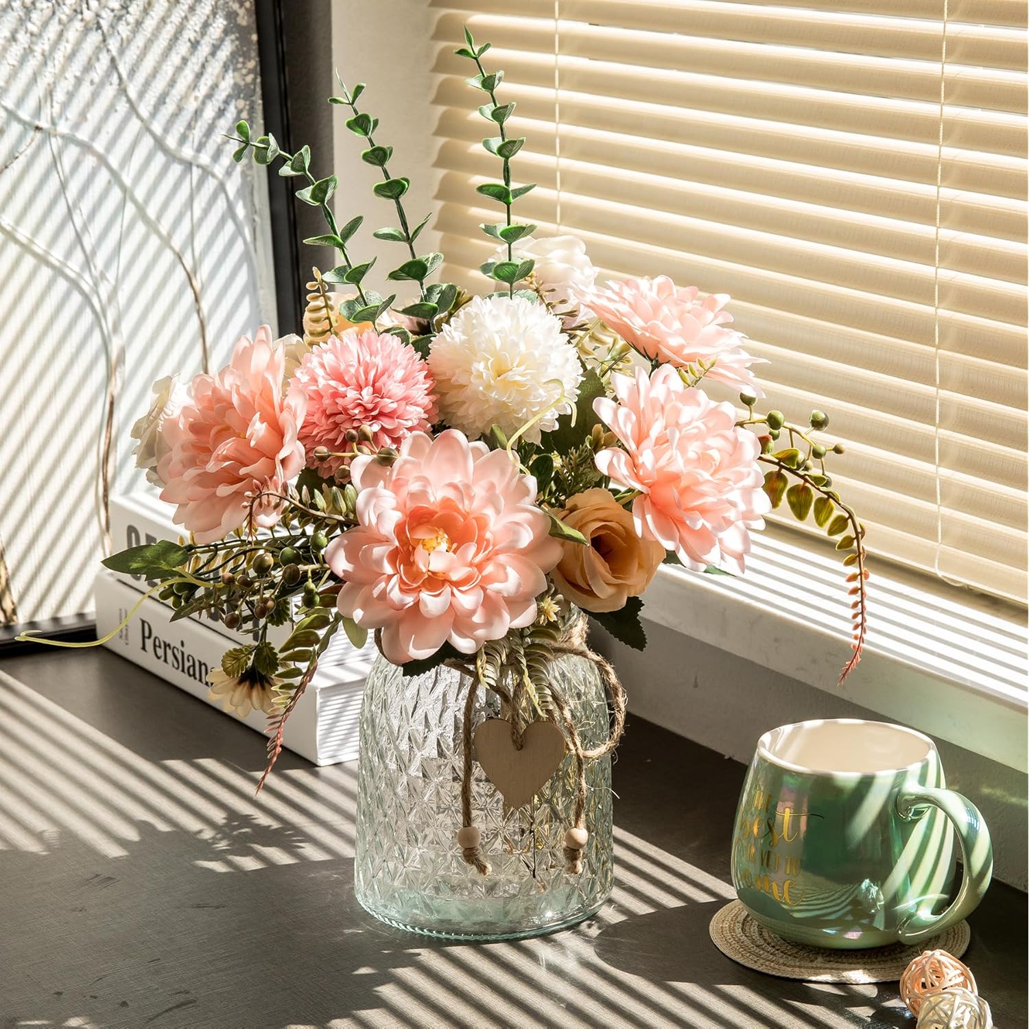 Fake Flowers With Vase,Faux Flowers In Vase For Home Decor,Silk Pink Dahlia Artificial Flowers With Vase For Coffee Table Decor,Living Room Bathroom Plant Decor, Centerpiece Table Decorations