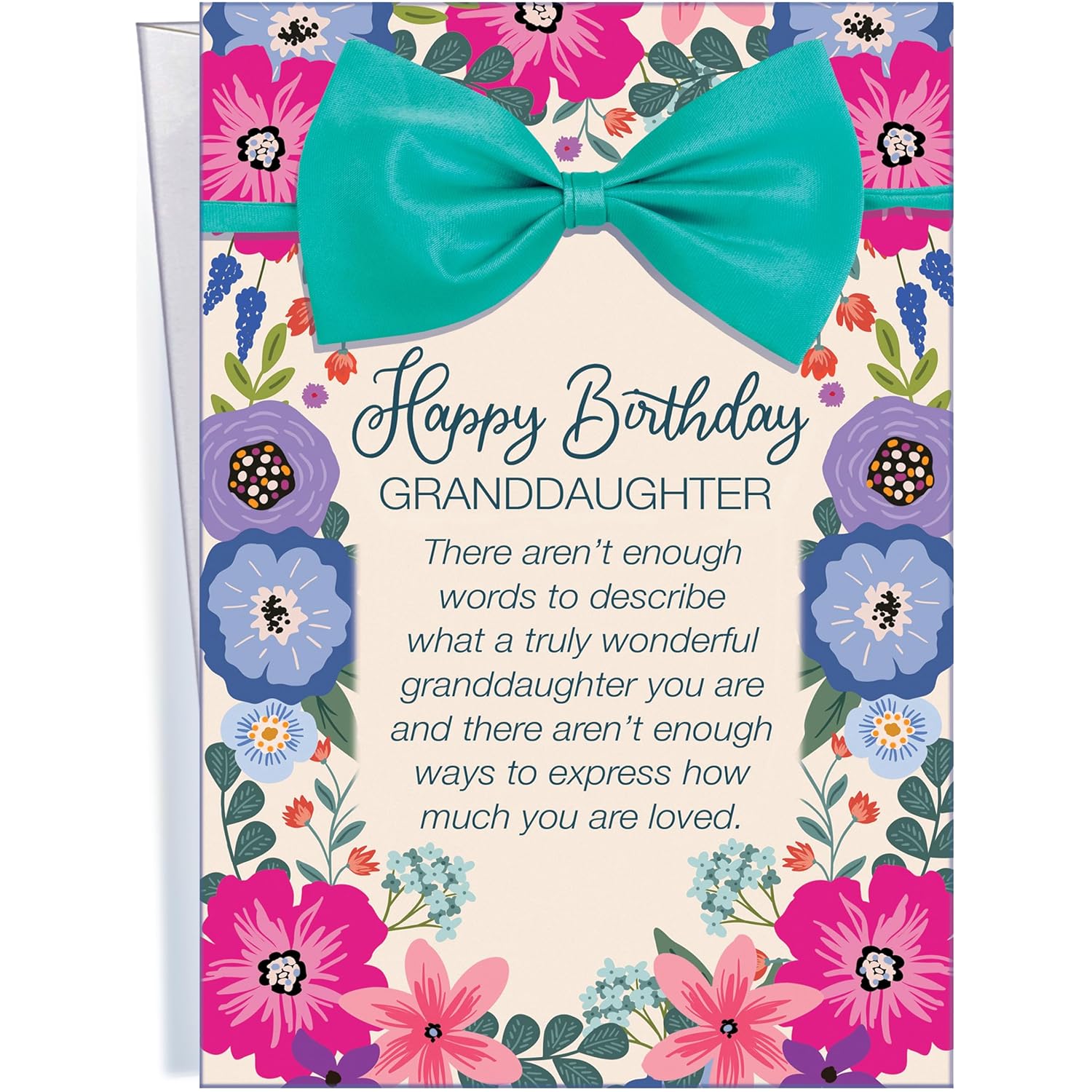 Birthday Card For Granddaughter - Large Card Opens To 10? × 7.75? - Lovely Lavender And Purple Flowers Topped Off With A Gorgeous Teal Ribbon And Bow - Made In Usa D#95366